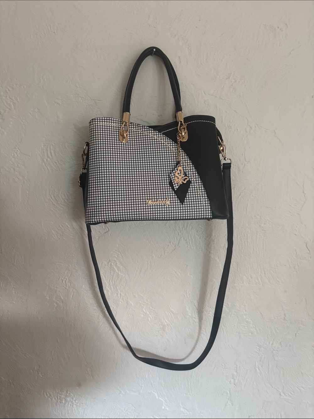 Black & White Gingham Satchel Handbag with Gold Accents